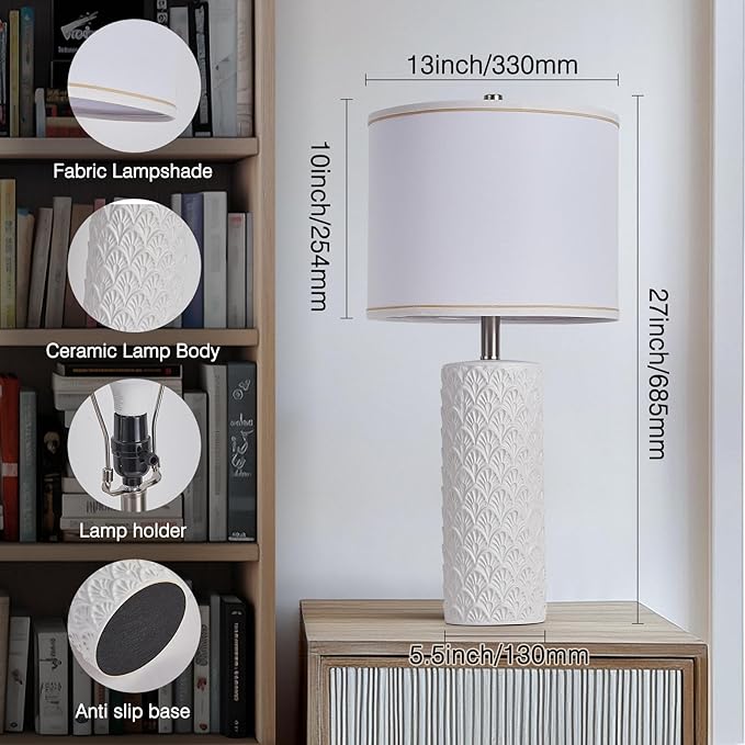 27" Farmhouse Bedside Table Lamp Set of 2, White Modern Ceramic Lamps for Living Room, 3 Color Temperature Rustic Table Lamps for Bedroom, Night Stands, Dorm,Office, Home Décor (Bulb Included