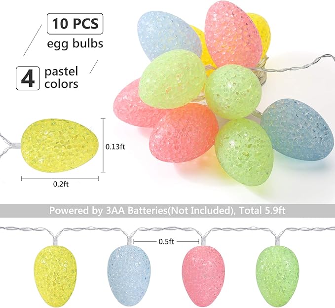LYHOPE Easter Pastel Lights, 5.94ft 10 LED Egg Decoration Lights, Battery Powered Egg String Lights for Easter, Party, Fireplace, Mantels, Entrance, Tree, Home Decorations, Clear Wire