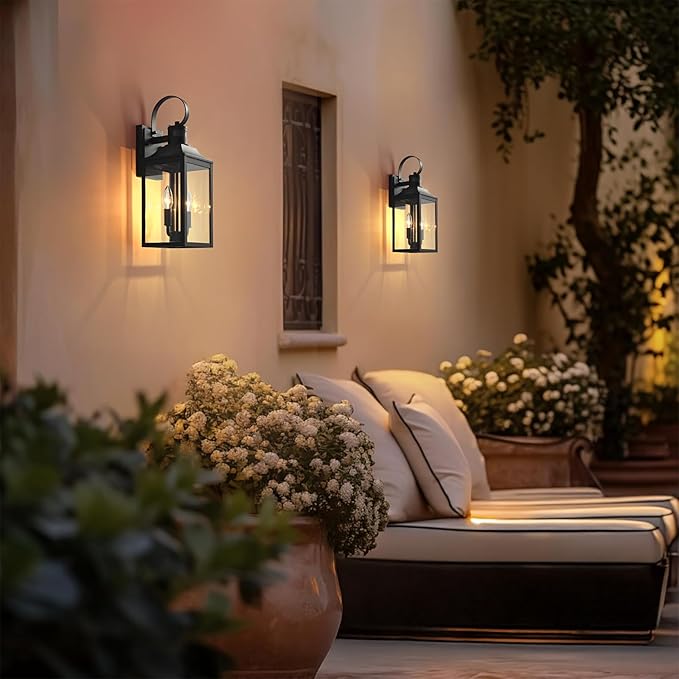18.9" Black Motion Sensor Outdoor Wall Lantern, 2-Light Industrial Porch Light with Clear Glass Waterproof Exterior Light Fixture Sconce for Outside Porch, Patio, and Garage (1 Pack)