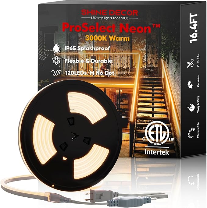 Shine Decor LED Neon Rope Lights AC 120V, ETL-Listed Flexible 120LEDs/M Dotless Strip Lighting, Custom Cuttable & IP65 Waterproof for Indoor Outdoor, 7x14.5mm, 3000K Warm White, 16.4FT