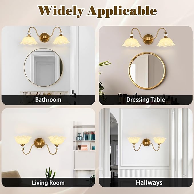 Vintage Bathroom Vanity Light, 2-Light Matte Brass Finish Vanity Light with Floral Yellow Glass Shades, Retro Wall Sconce for Bathroom, Dressing Table
