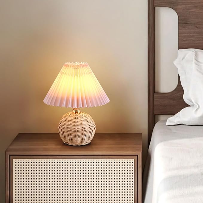 Hyuduo Pleated Table Lamp, Soft Yellow Light with Linen Lampshade and Rattan Base Bedside Lamp for Bedroom Nightstand, 10 Inch Shade 15 Inch Height Warm Glow Accent Light, Ideal for (Pink)