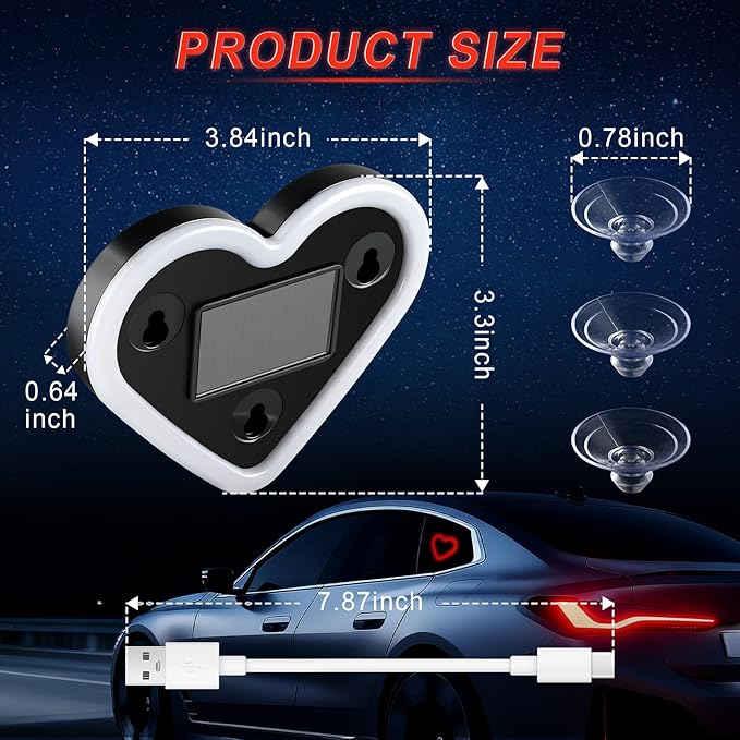 Car LED Interior Lights, Heart-Shaped Ambient Light for Windows, 5 Lighting Modes, Charging Through Type-c and Solar Energy, Car Decorations for Women Men, Pack of 1, (Red)