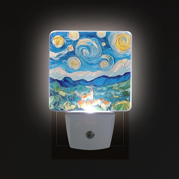 Oil on Canvas Blue Sky Night Light 2 Pack Dusk to Dawn Sensor Led Lamp for Women Men Night Lights Plug into Wall Decor for Bedroom Kitchen Corridor, 0.5W
