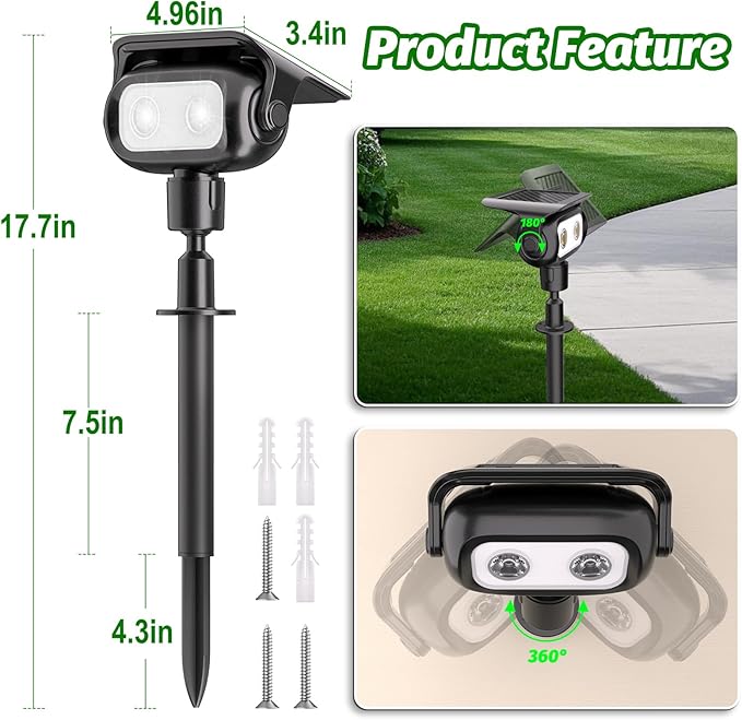 Nreonrick Solar Spot Lights Outdoor Waterproof, 360° Adjustable Landscape Lighting with 2Lighting Mode, Auto On/Off Solar Lights Outdoor for Wall Pathway Garden Decorations (Cool White, 2 Pack)