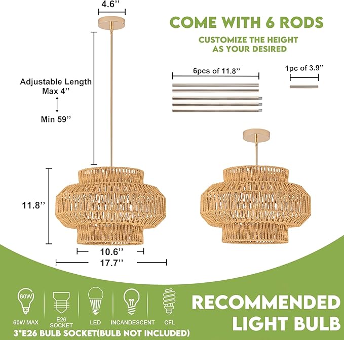 17.7'' Rattan Pendant Light,3-Light Boho Chandelier,Dinning Lighting Fixture Hand Woven Shade Boho Hanging Light Wicker Chandelier for Bedroom Kitchen Island Farmhouse Living Room Light Fixture