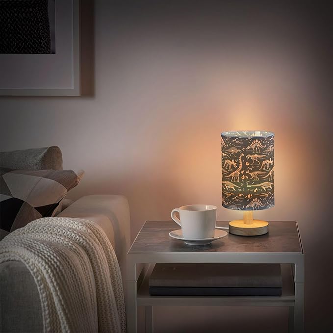 Dinosaur Fossil Skull Dino Skeleton Bone Tyrannosaurus Rex Table Lamp with Wood Base Fabric Lamp Shade Bedside Nightstand Desk Lamp for Living Room Bedroom Kids Room Office