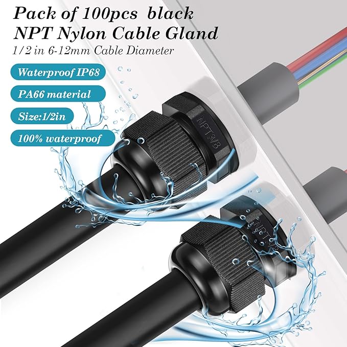 100 Pcs 3/8" NPT Black Nylon Cable Gland, Waterproof IP68 Adjustable Locknut Cable Diameter Waterproof Connectors Black Cord Grip