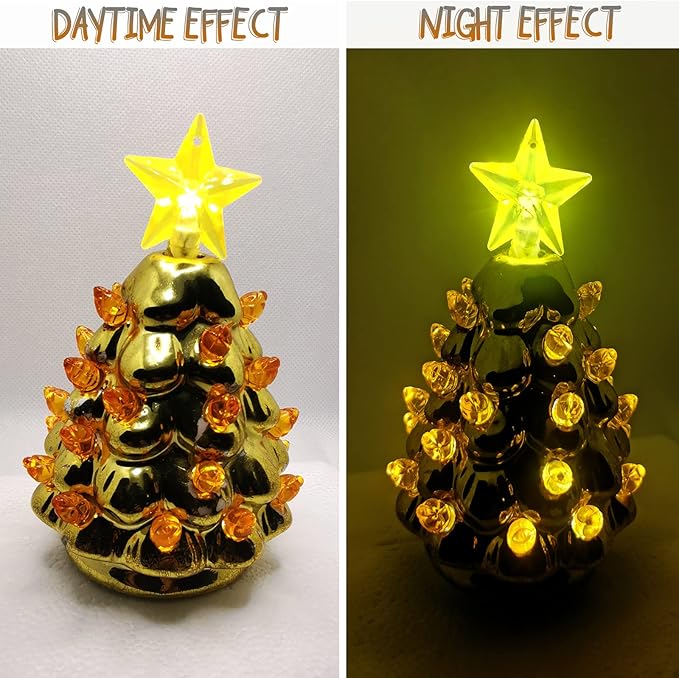Golden Yellow Replacement Lights Bulbs for Ceramic Christmas Tree, Mini Flame Light Ornaments for Ceramic Tree, Small Twist Pegs Accessories for Crafts, 2 Stars Treetopper＆177 Bulbs Set
