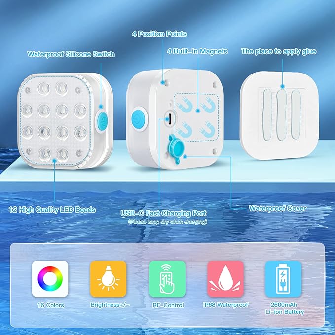 Underwater Led Lights with Remote, IP68 Waterproof Magnet Floating Lights for Bathtubs, Ponds, Parties (1 Set)