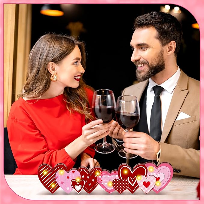 Yousoontic Valentines Day Heart Decor Table Centerpieces Valentines Wooden Heart Sign Decorations with LED Lights 3D Block Pink Red Love Romantic Decor for Home Mantel Desk Office Party Decorations