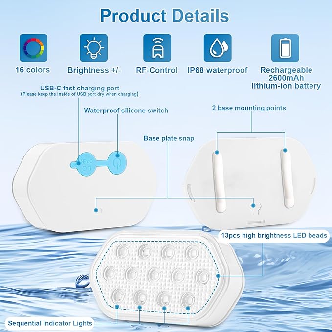 Pool Lights, Rechargeable Submersible LED Lights with Remote, Rechargeable IP68 Waterproof Underwater Lights, 16 Color Changing Pool Lights forInground Pool,Bath,Pond -2 Pack