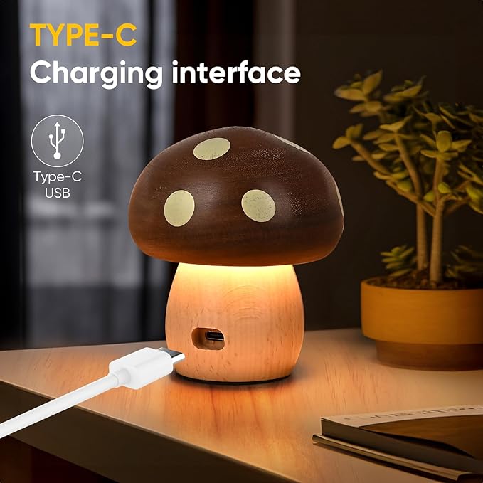 Cordless Wood Mushroom Lamp, Small Battery Operated Wooden Table Lamp Portable Night Light, 3-Level Dimmable Touch Control Warm LED Light for Bedroom, Nursery, Patio Decor