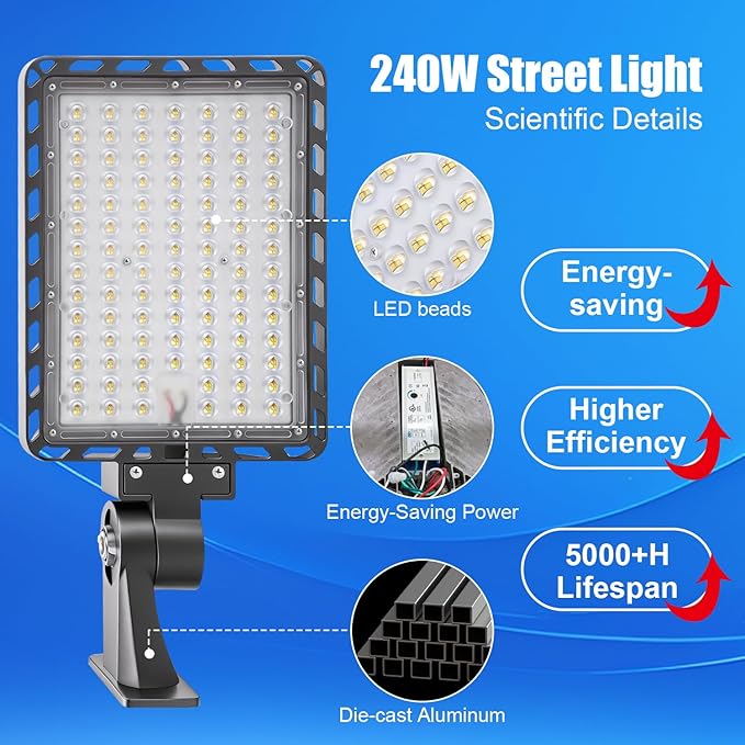 ledmo LED Parking Lot Light 37000lm Outdoor Dusk to Dawn Commercial Street Light with Adjustable Arm Wall Mount 240W IP65 LED Barn Security Area Lights for Yard Sport Warehouse Shop 5000K