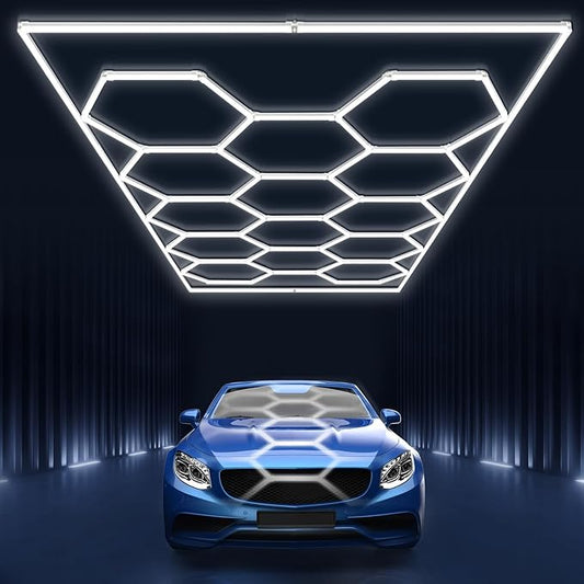 Garage Lights Hexagon led Lights DIY Ceiling LED Shop Light 91630LM for Basement Warehouse Workshop Barbershop Car Care Wash Room Auto Beauty Gym Exhibition Hall 14 Grids with Rectangle Frame 6500K
