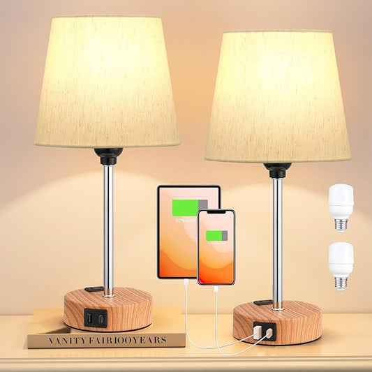 Acaxin Bedside Lamps for bedrooms Set of 2 - Nightstand Bedroom Lamp with USB C Port and AC Outlet Charging, 3 Way Dimmable Touch Control Small Bed Side Table Lamp, Nightstand Light for Kids