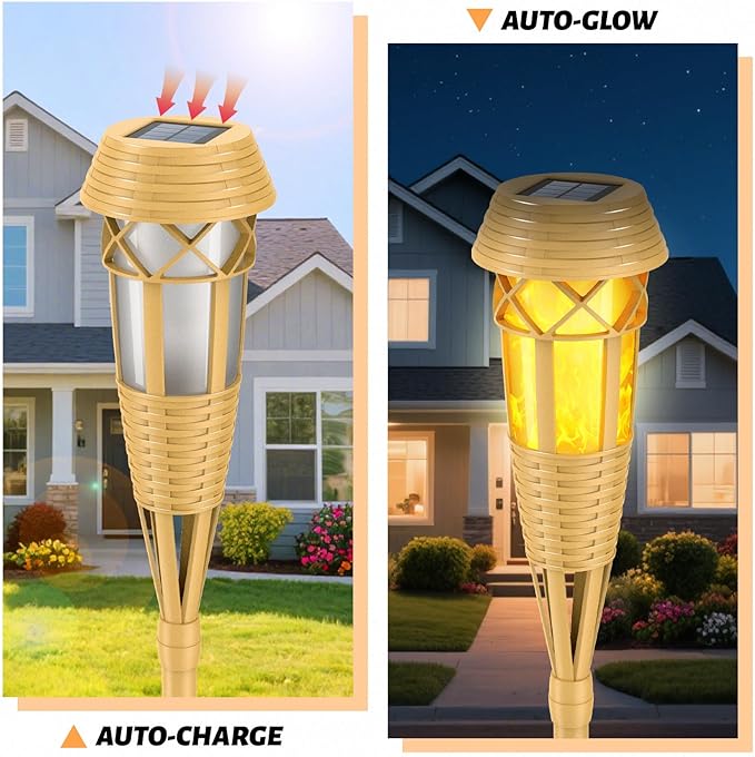 Solar Outdoor Lights – Torches with Flickering Flame for Garden Decor, Waterproof Garden, Outdoor Patio & Pathway Yard Decorations with Flame Torches - 8 Pack