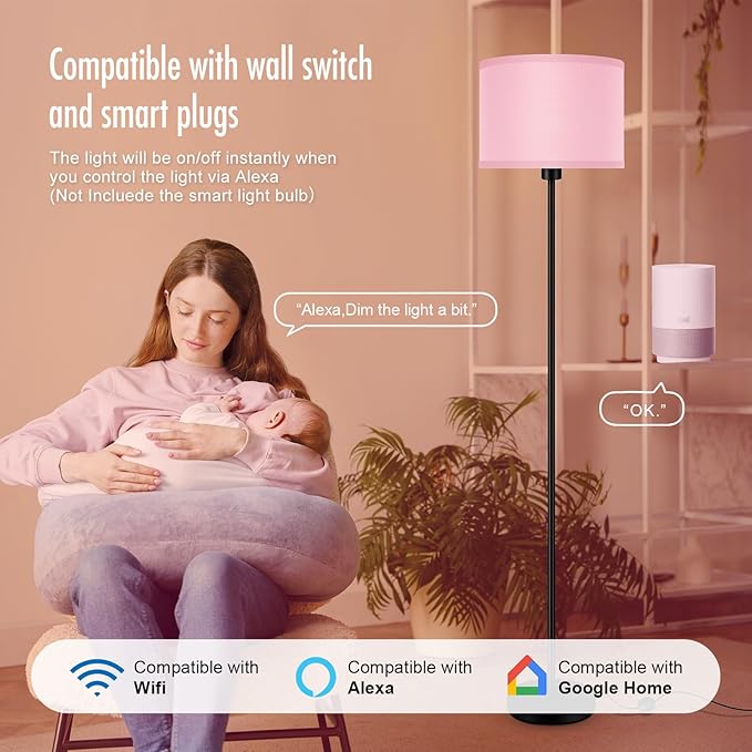 Floor Lamp Pink, Standing Lamp, Small Floor Lamps with Lampshade, 59" Tall Lamps for Bedroom, Foot Switch, Simple Corner Pole Lamp for Kids Room, Girls Room, Nursery, Office(NO Bulb, E26 Base)