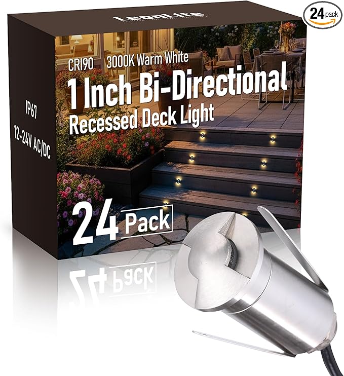 LEONLITE 24-Pack Low Voltage Recessed LED Deck Light, IP67 Waterproof, 12-24V AC/DC, Dual Beam 102° Butterfly Glow, 1W 3000K 1.3 Inch Mini Flush Mount, Stainless Steel for Pathway Step Deck Driveway