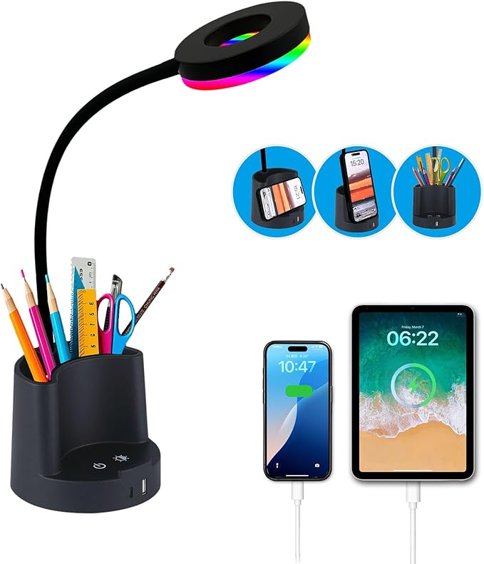 HomeFocus LED Desk Lamp, Eye-Caring Dimmable Reading Light, RGB Night Light, Student Lamp, Metal Flexible Gooseneck, Black, for Home, Office, Gift for Kids, Students, Women