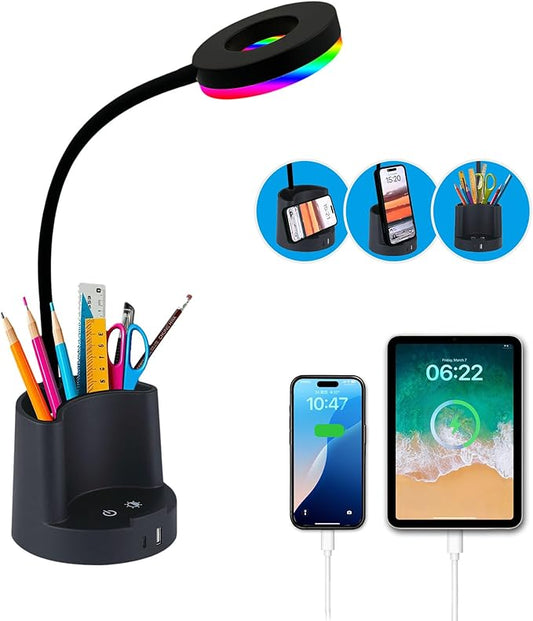HomeFocus LED Desk Lamp, Eye-Caring Dimmable Reading Light, RGB Night Light, Student Lamp, Metal Flexible Gooseneck, Black, for Home, Office, Gift for Kids, Students, Women