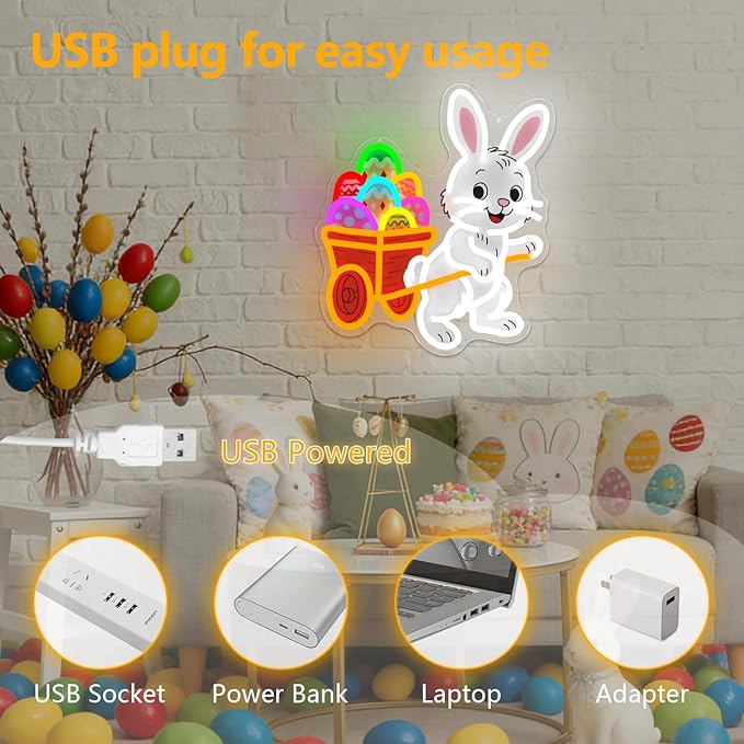 Easter Bunny Neon Sign Dimmable Easter Bunny with a Cart for Eggs Neon Light for Wall Decor Led Happy Easter Light Up Sign for Window