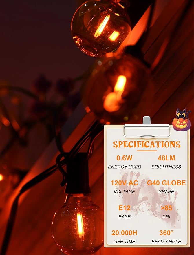 SUNSGNE G40 LED Halloween Globe Orange Light Bulbs, Round Orange Replacement Light Bulbs for Halloween Christmas String Lights, 25 Pack - 0.6 Watt, E12 Candelabra Base