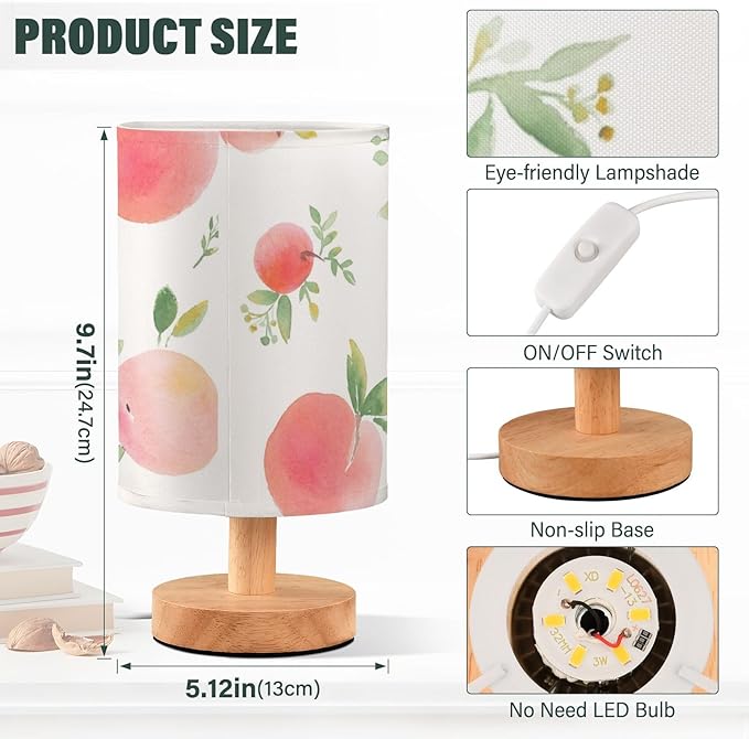 Bedside Table Lamp Peach Watercolor Fruit Leaves Pink Nightstand Lamp with Wood Desk Lamps for Bedroom Living Room Nursery Office Home Decor
