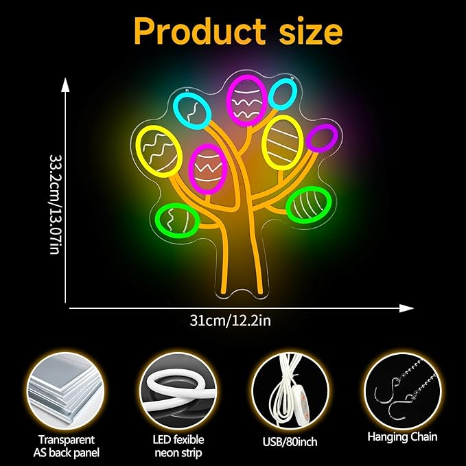 Easter Neon Sign for Wall Decor Easter Egg Tree Neon Light Egg Trees Led Sign Easter Decorations Dimmable Eggs Light Up Signs for Window Party Gifts Bedroom Holiday Spring Bar Home Business