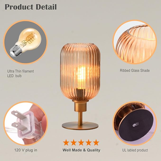Mid Century Glass Table Lamp,Dimmable Desk Lamp,LED Bulb Included,Timer Build-in,Cognac Amber Ribbed Glass