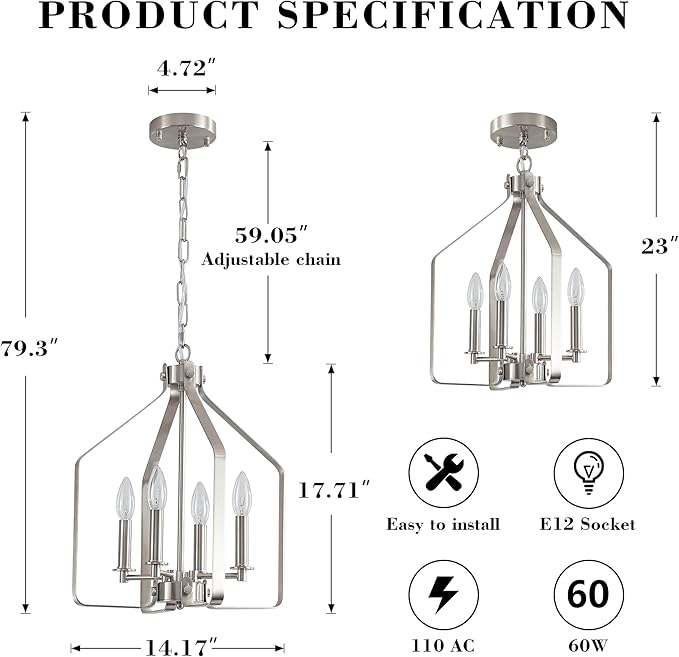 4-Light Brushed Nickel Chandelier, Geometric Farmhouse Cage Pendant Light, Adjustable Industrial Rustic Fixture for Dining Room, Kitchen Island, Entryway & Bedroom