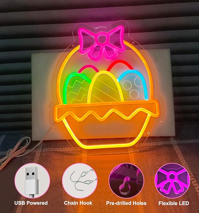 Easter Eggs Neon Signs for Wall Decor, Easter Egg Baskets with Bow Decorations Gifts, USB Dimmable LED Neon Lights Sign Party Decor for Bedroom Window Door Yard Bar Classroom Church