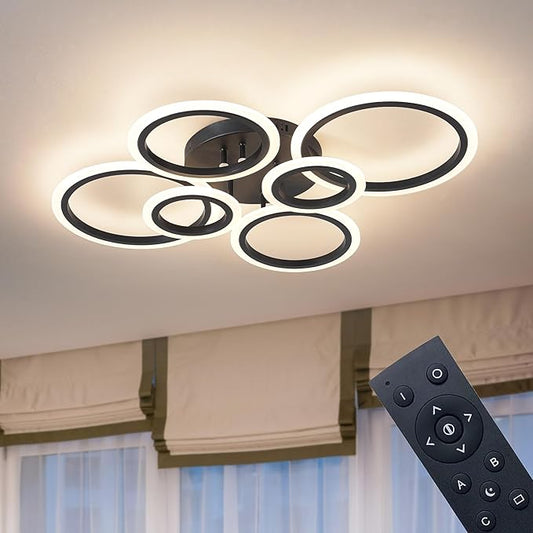 6 Rings Black Modern LED Ceiling Light Fixture, Flush Mount Ceiling Light with Remote Dimmable Brightness, Adjustable 3000-6000K Color Temperature, Timer for Living Room, Bedroom