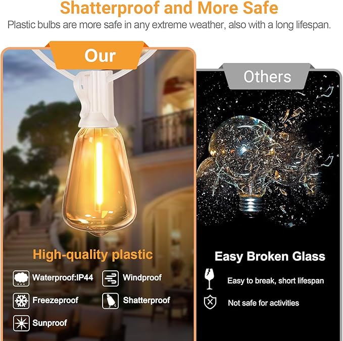 LAMPHOME26 FT Outdoor String Lights for Outside, 12+1LED Waterproof Shatterproof Edison Dimmable Timer Bulbs, 2700K Warm White Patio Lights for Garden Backyard Yard Hanging Lighting