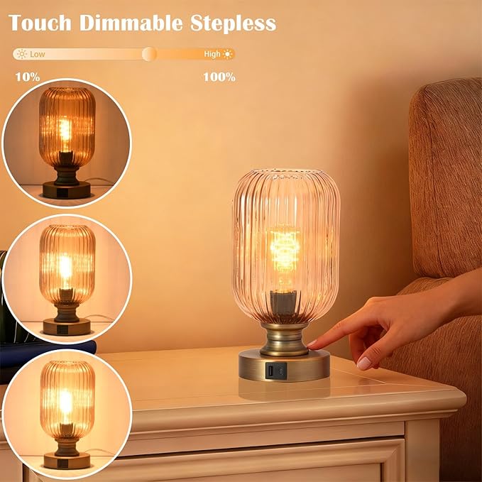 Mid Century Glass Table Lamp,Dimmable Desk Lamp,LED Bulb Included,Touch Control & USB A+C Port,Cognac Amber Ribbed Glass