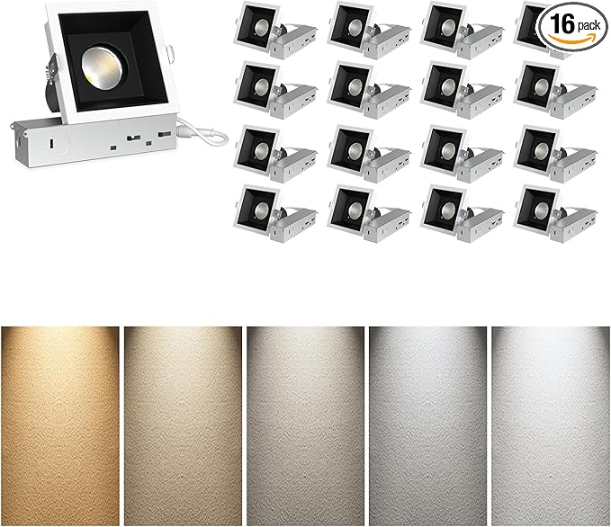 16-Pack LED Square Recessed Lighting, 12W Adjustable Downlight, Aluminum Recessed Ceiling Light with junction Box, 5 CCT 2700K-6000K, Rotation Spotlight for Living Room Bedroom Hallway Kitchen