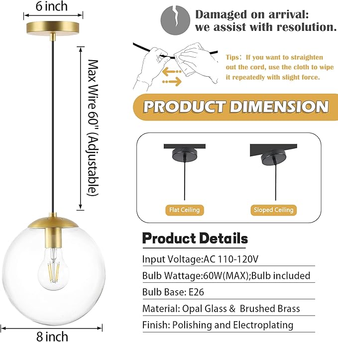 KoKo&Yukina 8 Inch Globe Pendant Lighting for Kitchen Island Mid Century Modern Hanging Light Fixture with Clear Globe Glass Gold Brass Hanging Ceiling Lights for Sink Bathroom Entryway (Bulb Incl.)