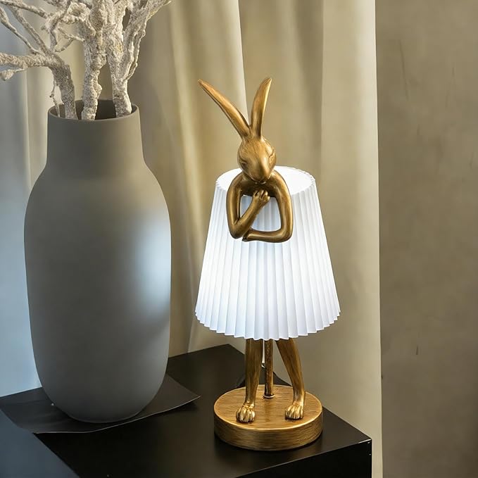 YHT Bunny Table Lamp, Cute Animal Rabbit Lamp,Bunny Lamp,15.7" Vintage LED Desk Light with Linen Lampshade, for Bedroom, Study Room, Office, Nursery, Home Decor (Light Gray)