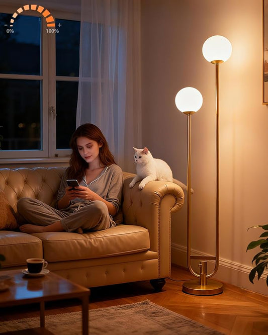 63IN Dimmable Floor Lamp with Shelf, Unique Globe Gold Tall Standing Lamps with 2 Bulbs, 3000K Warmwhite Mid Century Modern Floor Lamp for Living Room/Bedroom