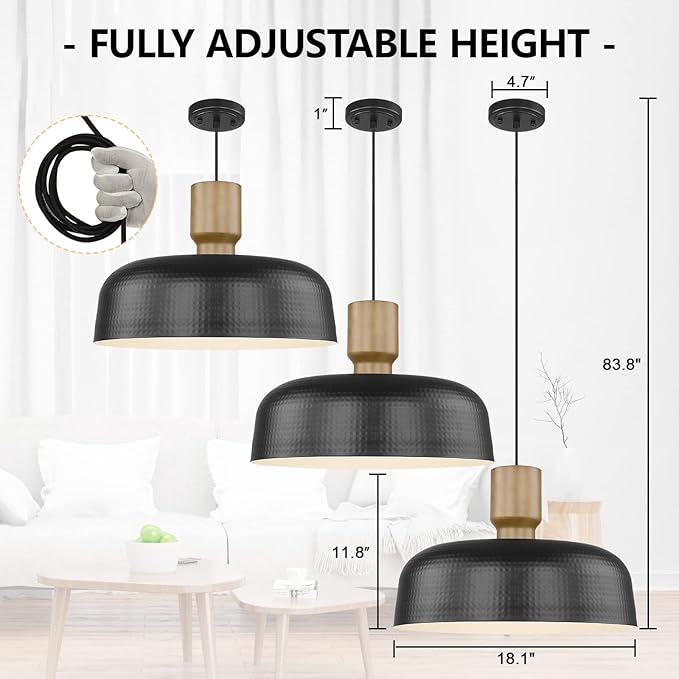 Darkaway Large Industrial Pendant Light Fixtures 18.1inch Ceiling Hanging Lamp with Hammered Metal Shade, Black Oversized Pendant Lighting for Kitchen Island Adjustable Height