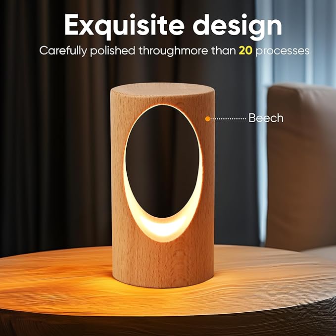 YIEONSHION LED Wooden Desk Lamp, Dimmable Bedside Night Light for Bedroom, Creative Home Décor Table Lamp, Warm Ambient Lighting, Unique Housewarming Gift