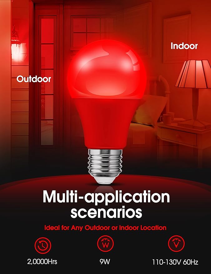 L LOHAS LED Red LED Light Bulbs, A19 9W (60W Equivalent) Christmas Red Colored Light Bulb Indoor, E26 Base, Non-Dim, 2 Pack