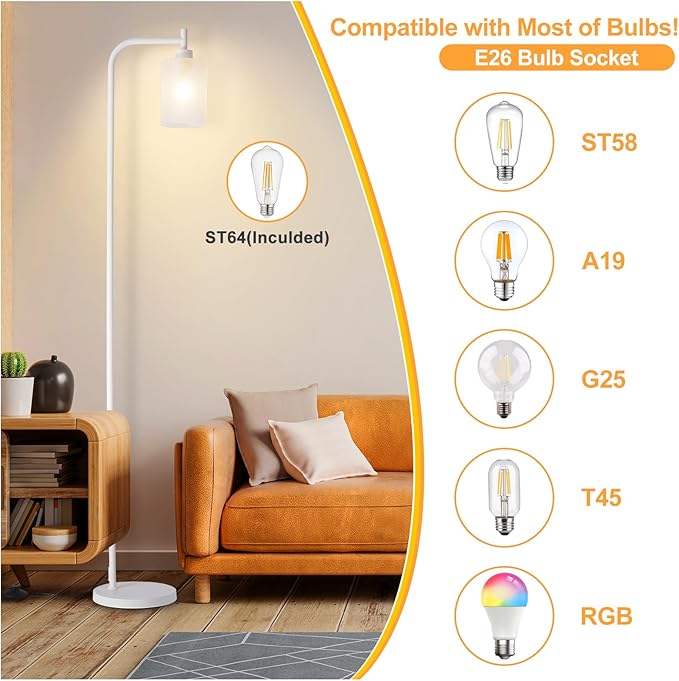 DLLT Floor Lamp Tall for Room: White Standing Lamp with Frosted Glass Lampshade for Living Room - Modern Bright Lamp for Bedroom - Industrial Corner Floor Lamps for Office 8W Led Bulb Included
