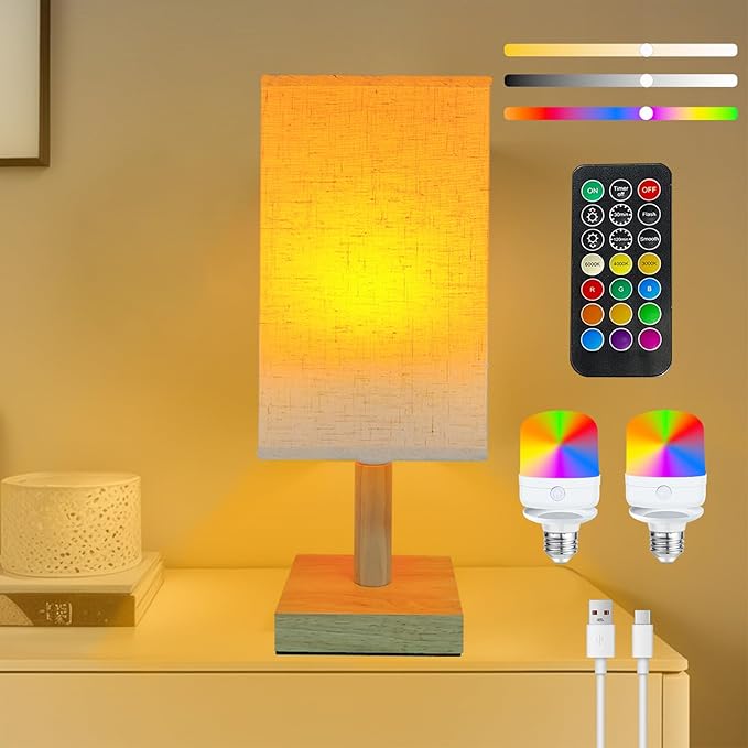 Wireless Bedside Table Lamp with 2 Pcs E26 RGB Rechargeable Battery Bulb, Remote Control, Dimmable, Timer, Cylindrical Fabric Light for Living Room, Bedrooms, Reading, Night Lighting