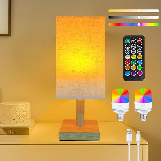 Wireless Bedside Table Lamp with 2 Pcs E26 RGB Rechargeable Battery Bulb, Remote Control, Dimmable, Timer, Cylindrical Fabric Light for Living Room, Bedrooms, Reading, Night Lighting