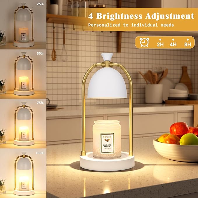 Hong-in White and Gold Candle Warmer Lamp with Timer-Electric Candle Warmer Lamp for Bedroom Decor, Dimmable Candle Light Warmer,Home Decor, Wax Warmer Lamp for Jar Candles with 2 Bulbs
