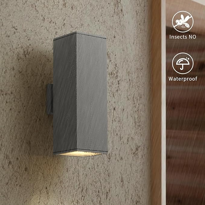 mirrea 18" Modern Outdoor Porch Light Patio Light in 2 Lights with Aluminum Rectangular Tube and Tempered Glass Cover Waterproof Wall Sconce 2 Pack (Matte Gray)