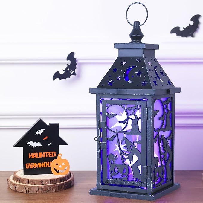 DECORKEY Halloween Decorations Indoor, 14.9" Decorative Witch & Bat Candle Lantern with 82" LED Lights(8 Modes; No Battery), Hanging Spooky Halloween Lanterns, Outdoor Home Room Door Party Decor