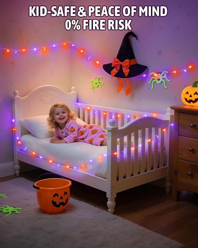 Halloween String Lights Battery Operated, Orange and Purple Lights with Timer Waterproof 16.4ft 50 LED Halloween Decorations for Outdoor Indoor Patio Party Garden Yard Decor