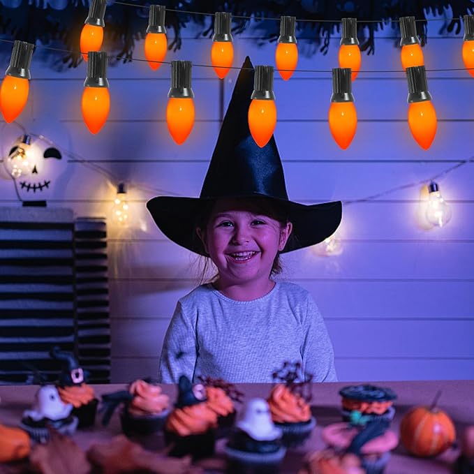 25 Pack C9 Incandescent Light Bulbs, C9 Ceramic Orange Replacement Bulb for Halloween Christmas String Lights, C9/E17 Candelabra Base, 7 Watt